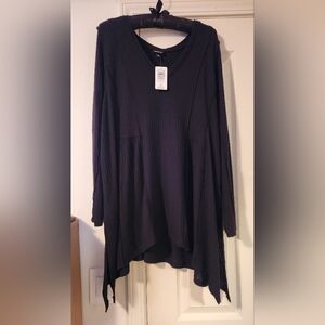 Torrid New Black V-Neck Long Sleeve Sharkbite Hem Waffle Ribbed Top Size 2